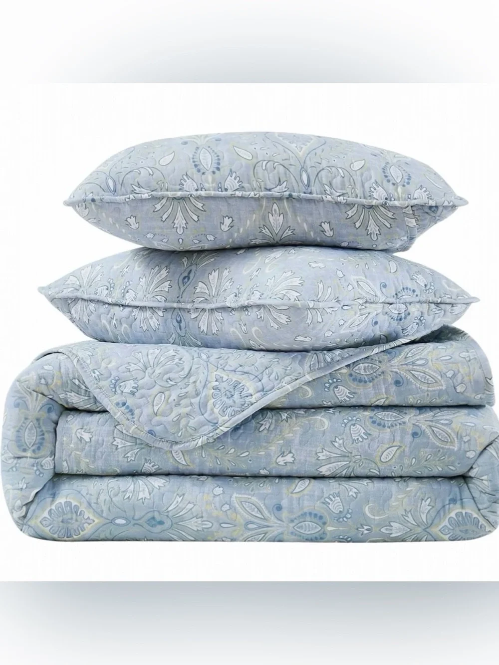NEW West Elm Light Blue King Size Paisley Bedspread Quilt Sham Pillow Case Set